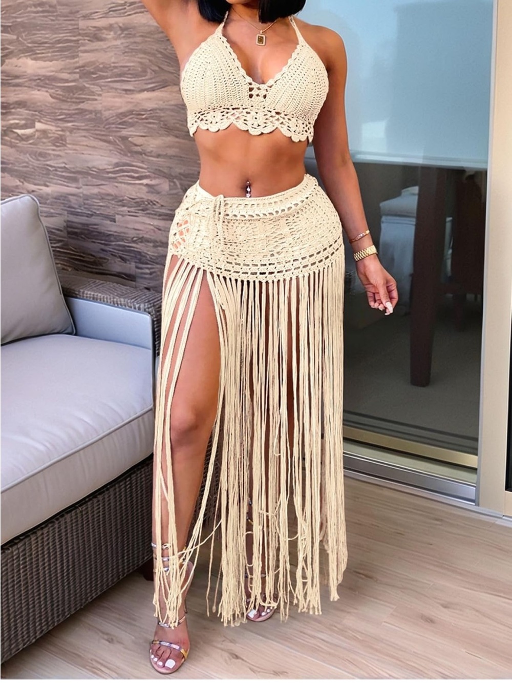 Crochet Fringe Bikini Cover-Up Set in Beige ( a little lighter then the picture) - Picture 3 of 4